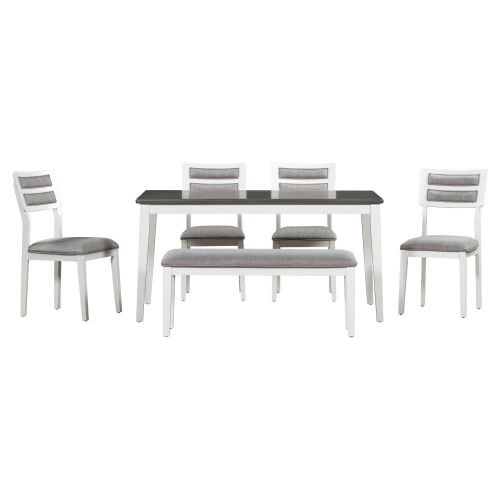 TREXM Classic and Traditional Style 6 - Piece Dining Set, Includes Dining Table, 4 Upholstered Chairs & Bench (White+Gray) TREXM Classic and Traditional Style 6 - Piece Dining Set, Includes Dining Table, 4 Upholstered Chairs & Bench (White+Gray)