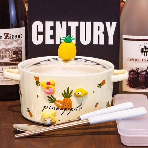 Ceramic Instant Noodle Bowl Good-looking Strawberry With Lid And Ears Easy To Clean